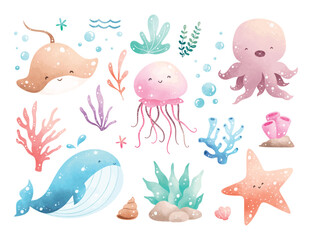 Watercolor Illustration Set of Sea Animals and Corals.
