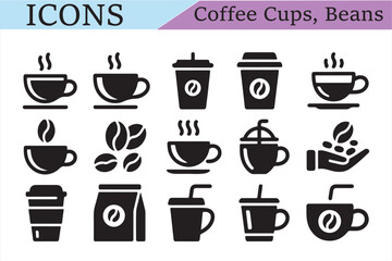 Coffee Icons Set: A comprehensive collection of coffee cup and bean icons, perfect for cafe menus, coffee shop branding, and mobile apps.  