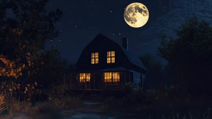 Cozy wooden house glowing warmly under bright full moon in dark night sky surrounded by tree and bush with glowing window creating peaceful mysterious atmosphere - Powered by Adobe