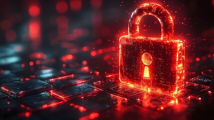 Glowing red cybersecurity padlock icon with digital glitch effect
