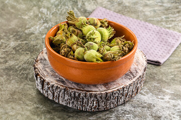 Fresh green ripe hazelnut heap