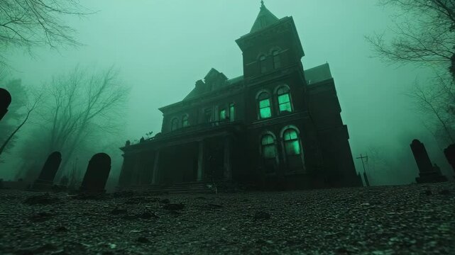 Haunted house with glowing window surrounded by gravestone and bare tree in eerie fog at night creating spooky and mysterious dark atmosphere perfect for horror and ghost story fans