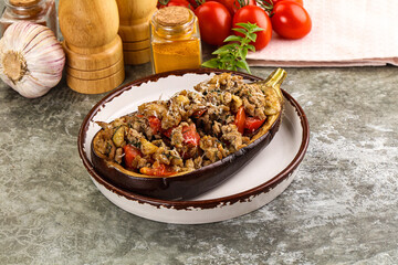 Baked eggplant stuffed meat and tomato