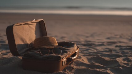 Open brown suitcase on sandy beach with straw hat, round-framed sunglasses, folded clothes, striped lining, blurred sea, horizon, warm soft light, gentle shadows, serene late afternoon.