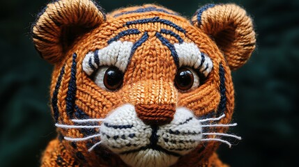 Obraz premium Adorable knitted tiger toy with detailed stripes, making a charming addition to any child's collection or nursery decor.