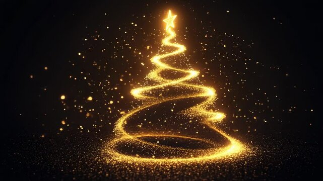 Glowing Christmas tree made of golden light spirals on dark background with sparkling particles