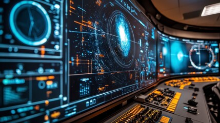 Fototapeta premium Futuristic Control Room with Advanced Technology and Data Visualization