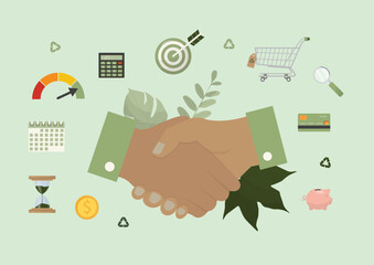 Business handshake partnership with procurement icons. Professional agreement concept poster suitable for corporate presentations and marketing campaigns. Sustainable procurement. Vector illustration