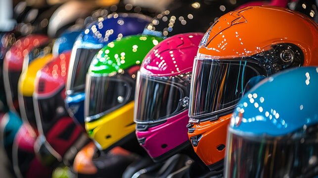 Row of vivid motorcycle helmets showcases safety gear and colorful accessories for riders