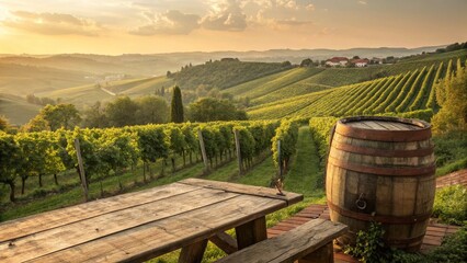 Wine barrels nestled in a green vineyard landscape under a summer sky