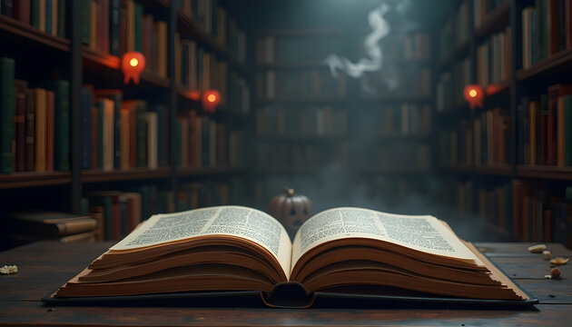 Open Book in Library with Festive Halloween Ambiance