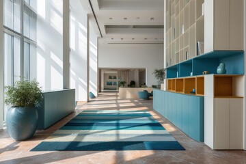 A retro-modern open office in turquoise and cream directional window light casting shadow streaks terracotta tiles DOF framing