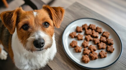 Adorable Dog Looking at Freshly Baked Treats on a Wooden Table