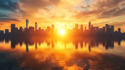 Fototapeta premium Serene cityscape silhouette reflecting in water at sunset with orange, gold and blue hues under the skyline
