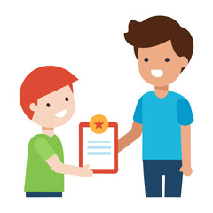 Boy receiving a certificate or award from another person