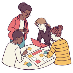 Diverse group of people collaborating around a table with a laptop and sticky notes