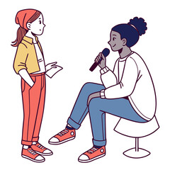 Two young women having a conversation one holding a microphone and paper