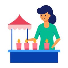 Woman lighting candles at a festive stall with a decorative canopy