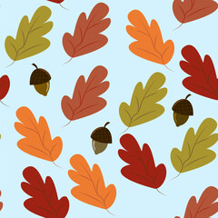 Seamless pattern of scattered autumn oak leaves and wavy rows of acorns on a light blue background. Ideal for nature-themed fall decorations., digital prints, and autumnal wrapping paper.
