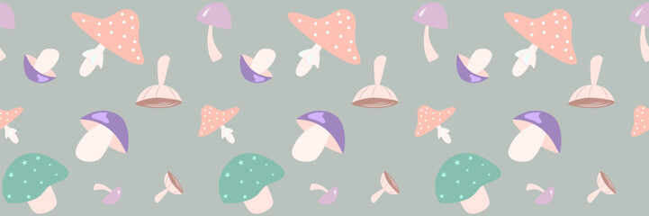 Seamless vector pattern of whimsical pastel mushrooms on a light green background. Ideal for children's decor, charming kids fabrics, nursery designs, and playful nature-themed crafts.