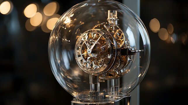 Intricate clockwork mechanism encased in a glass orb displays the elegance of mechanical timekeeping and precision engineering