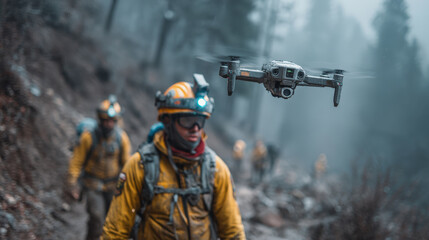 Obraz premium First responder, A firefighter in yellow gear operates a drone in a foggy forest while other firefighters walk behind, likely assessing or battling a wildfire.