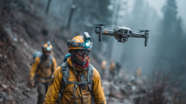 First responder, A firefighter in yellow gear operates a drone in a foggy forest while other firefighters walk behind, likely assessing or battling a wildfire.