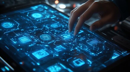 A hand interacts with a vibrant blue digital interface, representing technology, connectivity, and advanced network capabilities.