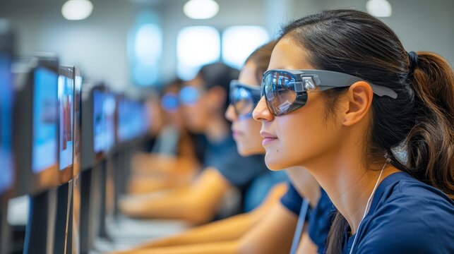 Young Woman Wearing Glasses Focused on Computer Monitor in Office