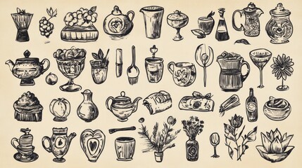 Hand-drawn illustrations of various kitchen and dining items, botanicals, and objects.