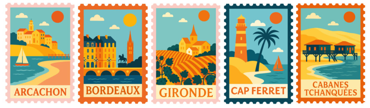 SET OF GIRONDE CITIES STAMPS ILLUSTRATION (arcachon, cap ferret, cabanes tchanqu&eacute;es, bordeaux, du du pila)
