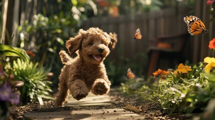 Fluffy brown Poodle puppy chasing butterflies in a backyard