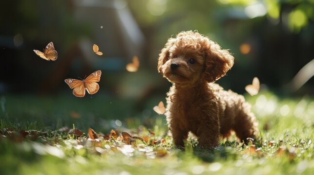 Fluffy brown Poodle puppy chasing butterflies in a backyard - Powered by Adobe