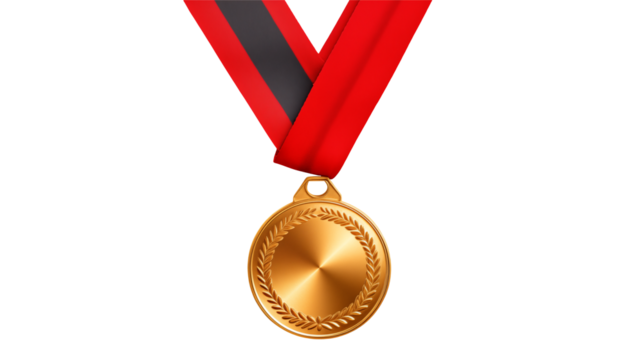 A shining bronze medal with red ribbon signifies victory and achievement  Isolated on transparent Background 