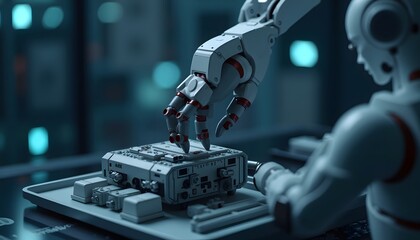 Robotic Arm and Human-like Robot Working on Circuit Board in High-tech Laboratory