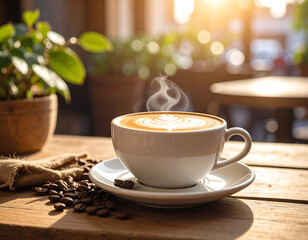 Fototapeta premium Steaming cup of coffee with latte art on a wooden table near greenery.