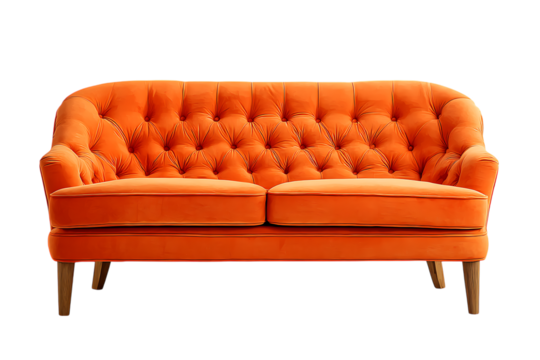 Luxurious orange velvet tufted sofa with wooden legs isolated on transparent background