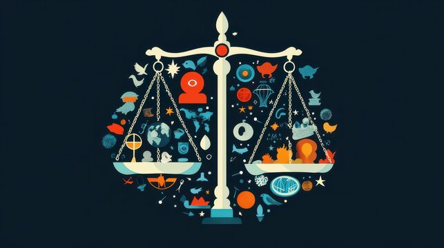 Colorful Illustration of Justice Scale Surrounded by Diverse Symbols