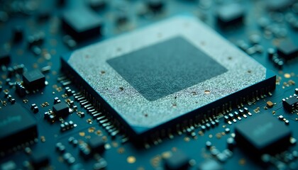 Close-up of Computer Microprocessor on Circuit Board in Vibrant Blue Tones