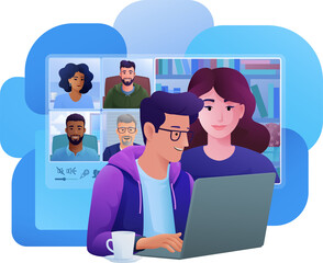 Man Video Conference Call Team Meeting Cartoon