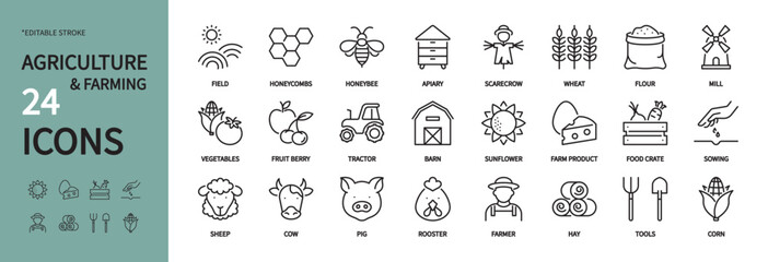 Agriculture & farming icon set. Field, honeycombs, honeybee, apiary, scarecrow, wheat, flour, mill, tractor, barn, sowing, sheep, cow, pig, rooster, farmer, etc. Editable stroke, vector illustration.