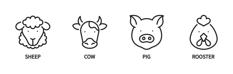 Farm agriculture animal icon set. Sheep, cow, pig and rooster icons. Editable stroke. Vector illustration. 