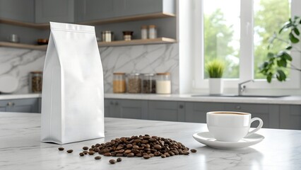 A white coffee bag sits on a marble countertop next to a pile of coffee beans and a steaming cup of coffee
