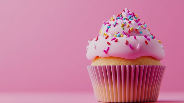 Delicious cupcake with pink frosting and colorful sprinkles on a soft pink background