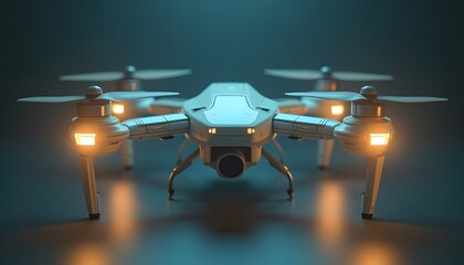 Modern White Drone with Bright Lights Hovering in Dim Environment