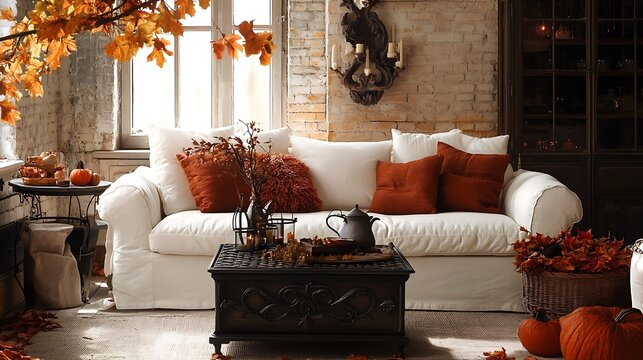 Cozy autumn home scene with a white sofa, orange pillows, and pumpkins creating a warm, inviting fall interior setup