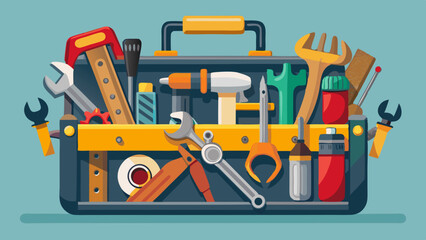 A sturdy metal toolbox showcases professional-grade hand tools—hammer, wrenches, pliers, screwdriver, and tape measure—neatly arranged against a transparent backdrop, symbolizing precision, durability