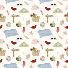 summer picnic watercolor seamless pattern