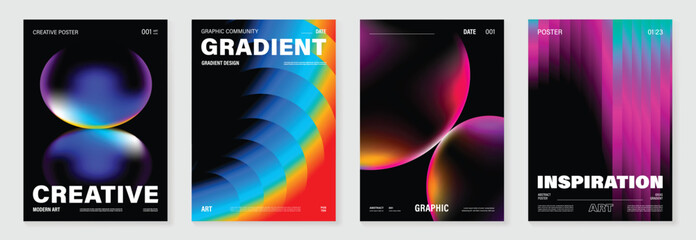 Modern gradient poster background vector set. Cover template with vibrant perspective geometric prism shapes. Ideal design for social media, cover, banner, flyer.