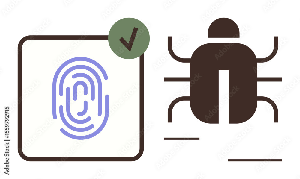 Poster fingerprint inside a square with a checkmark and bug icon next to it, illustrating safe access and c